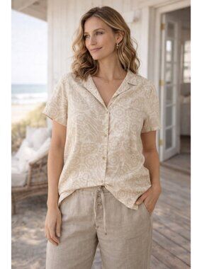 Sigrid Olsen SO Blue Linen Blend Shirt L Beige Floral Button Coastal